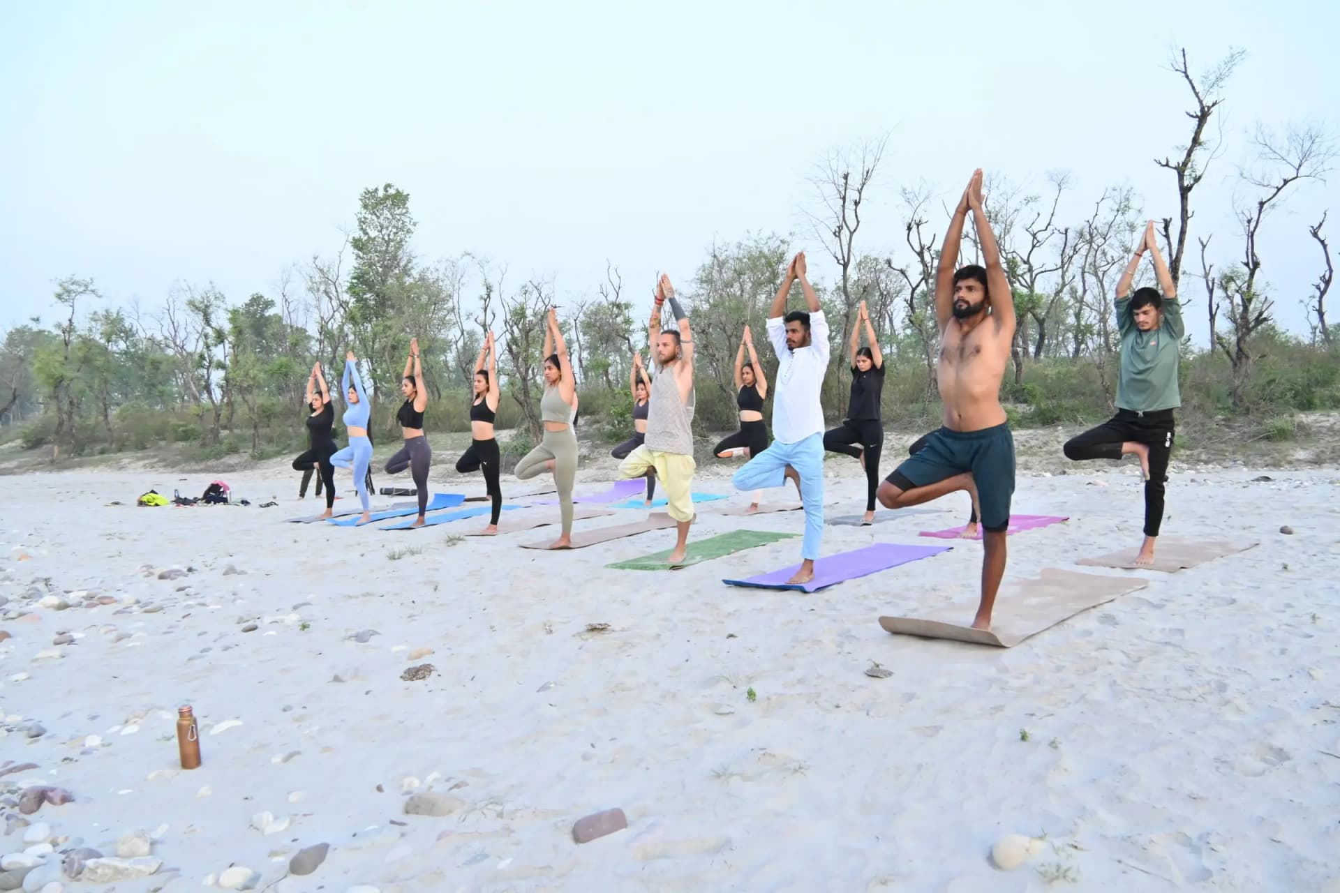 200 hour yoga teacher training group practising Tree pose together on the Ganga beach in Rishikesh