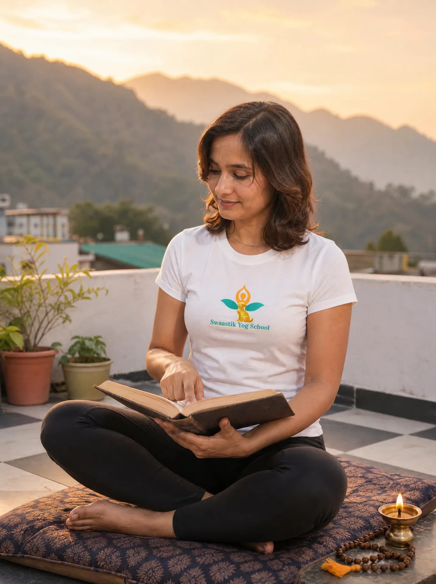 Mayuri studying the Yoga Sutras of Patanjali on a rooftop terrace at golden hour in Rishikesh