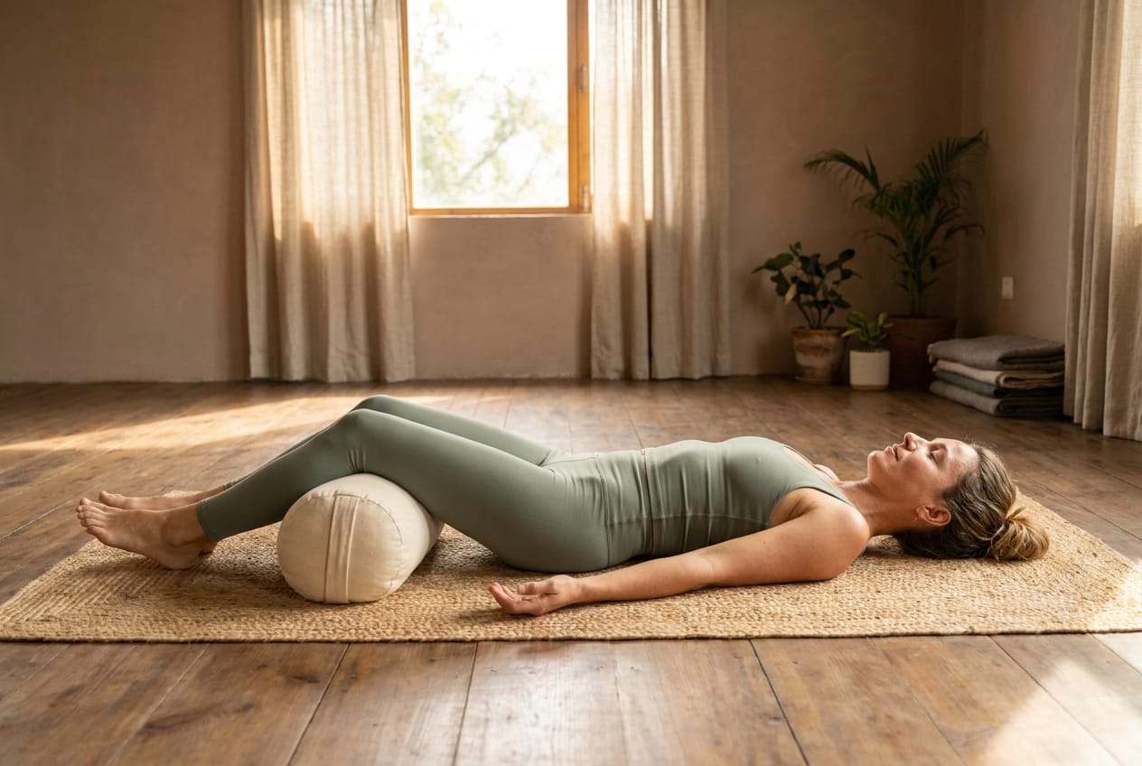 Corpse Pose (Savasana) with knees supported by a bolster for deep back-pain relief