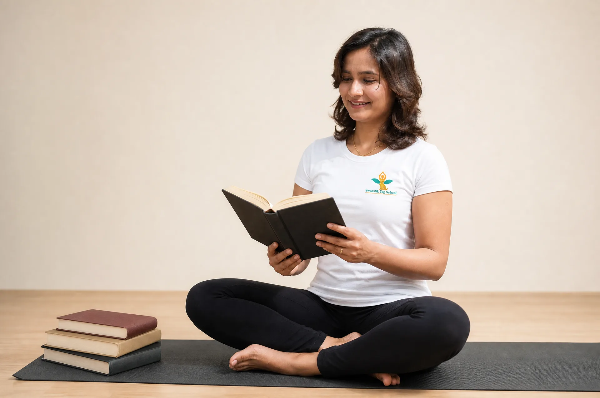 Yoga teacher studying anatomy and training manuals during a study session