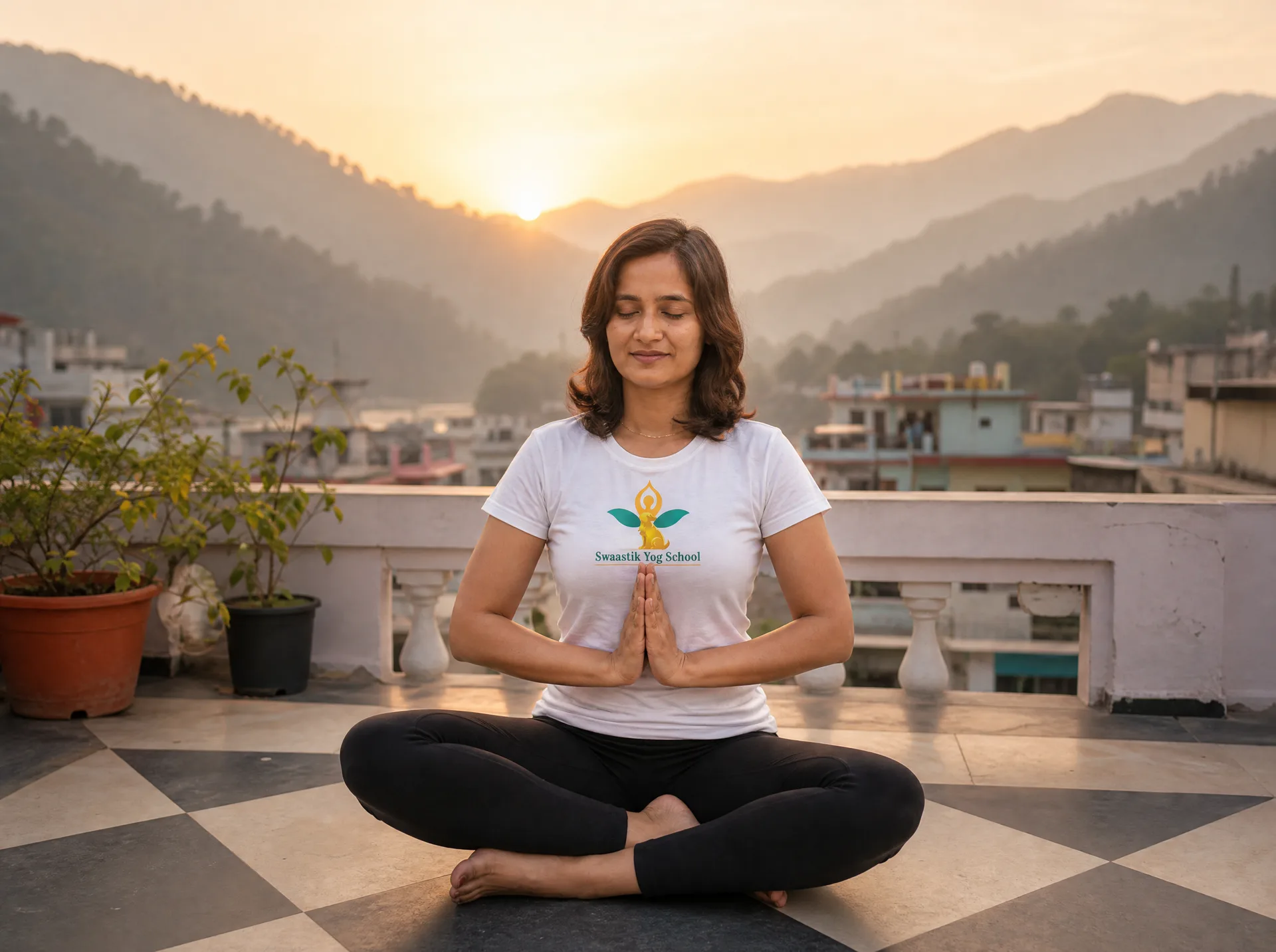 Mayuri in seated meditation with anjali mudra at heart center on a rooftop yoga terrace above Rishikesh at dawn