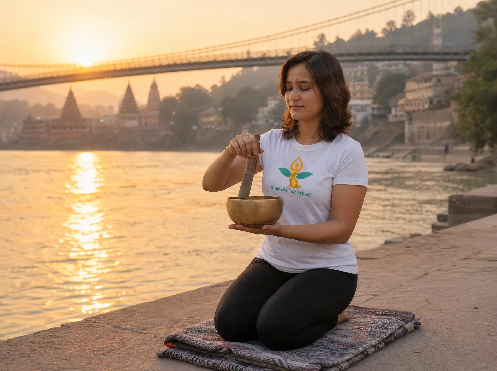 Mayuri playing a Tibetan singing bowl beside the Ganges at golden hour in Rishikesh