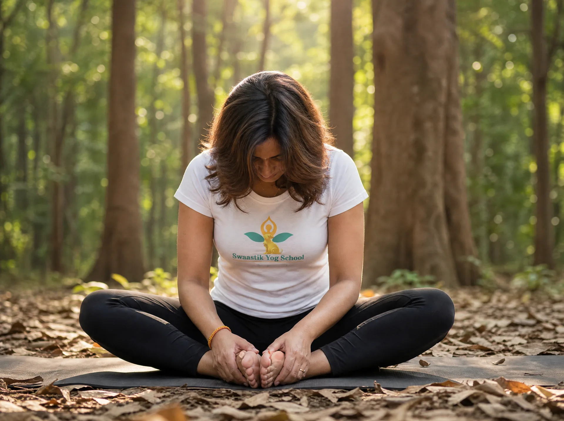 Mayuri in a long-held yin yoga seated forward fold on a mat in a sunlit forest grove near Rishikesh